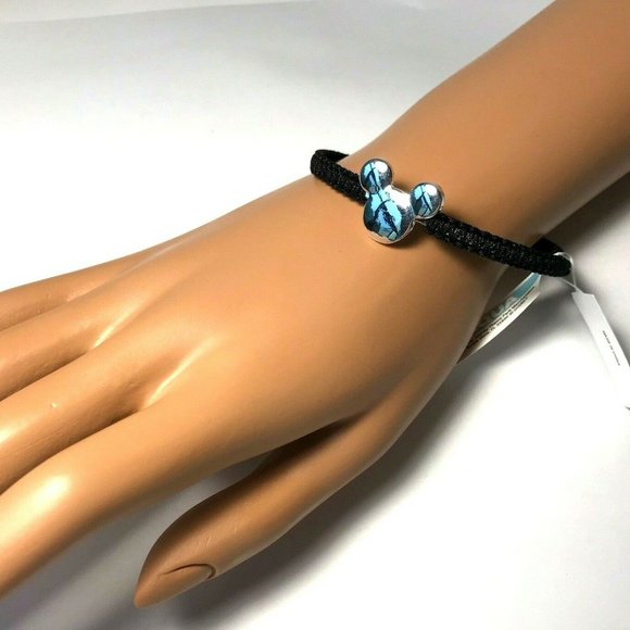 Disney Parks Mickey Mouse Icon Bracelet Rope Cuff Bangle Silver Black Disneyana - Picture 3 of 12